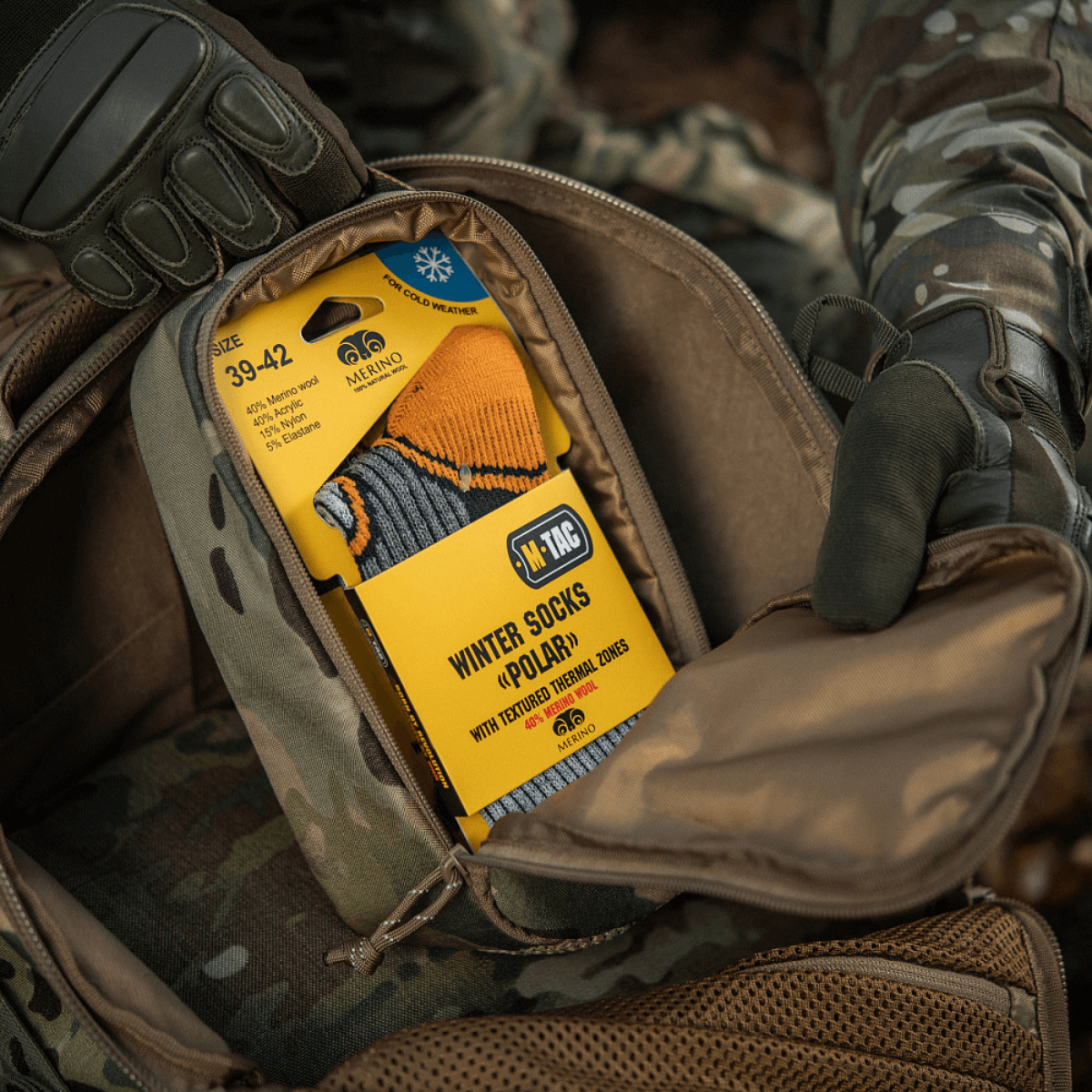 M-Tac Sokker Polar Merino 40% i en camouflagetaske til udendørs aktiviteter - varme, komfort og slidstyrke