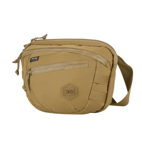 M-Tac Sphaera Hardsling Bag Large Elite med Velcro beigeä Cordura-materiaalia, kompakti muotoilu, säädettävä olkahihna ja etu-Velcro-paneeli.