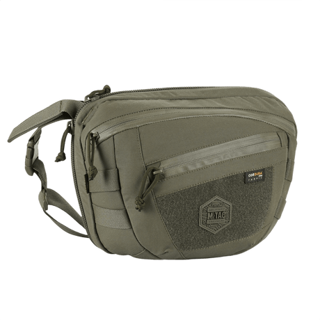 M-Tac Sphaera Hardsling Bag Large Elite med Velcro vihreänä Cordura-materiaalista, kompakti muotoilu, MOLLE-järjestelmä ja säädettävä olkahihna.