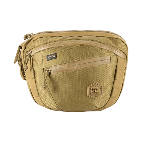 M-Tac Sphaera Hex Hardsling Bag Large Elite hiekansävyinen, kuusikulmainen kuvio ja etuvetoketjutasku, sopii ulkoiluun.