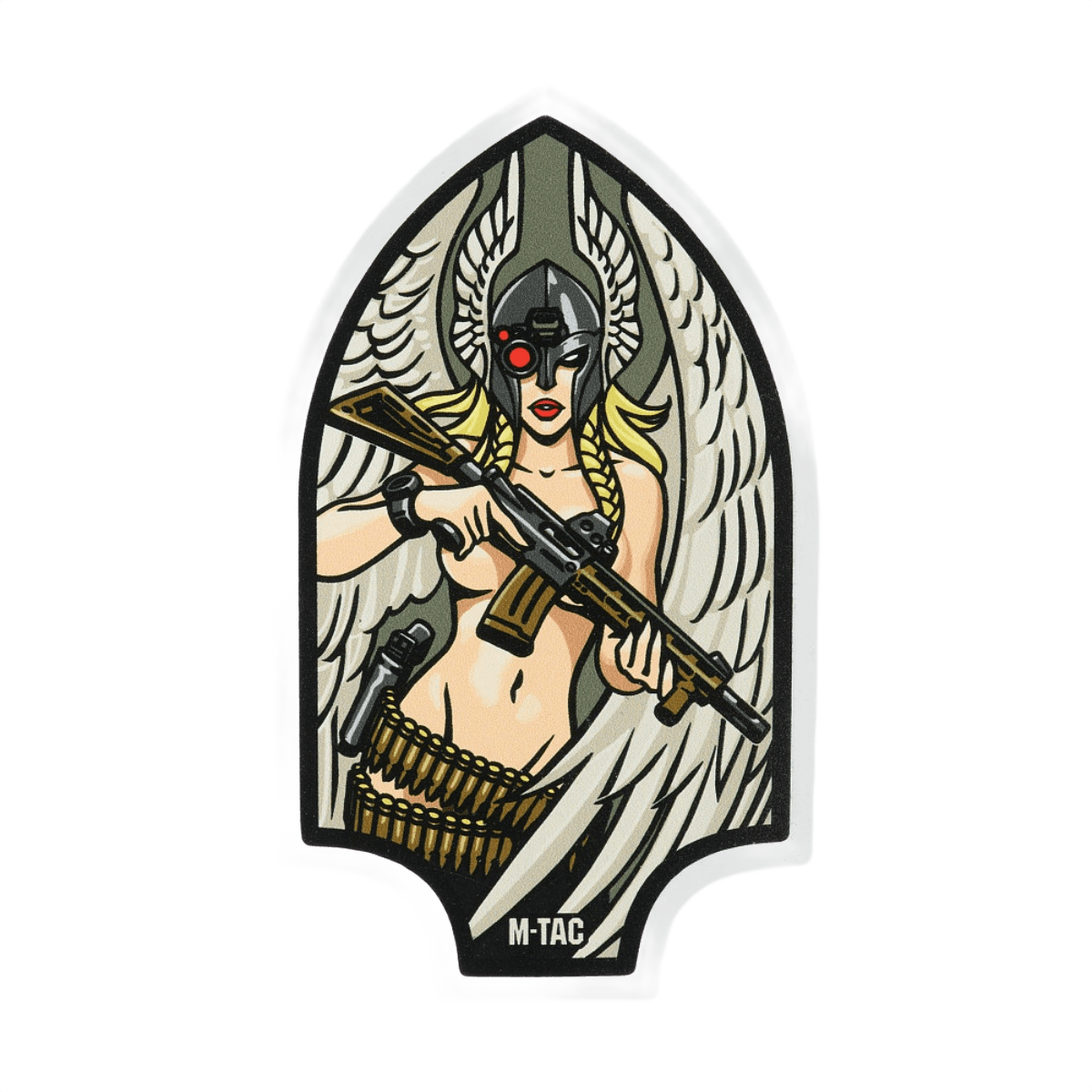M-Tac Sticker Valkyrie med krigsgudinde iført normannisk hjelm og M4 gevær, formet som Arrowhead patch.