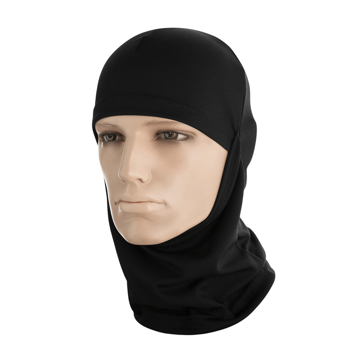 M-Tac Sweating Ninja-Balaclava i sort, beskytter mod støv og fugt, ideel til udendørs aktiviteter, fremstillet af 100% polyester, produceret i Ukraine.