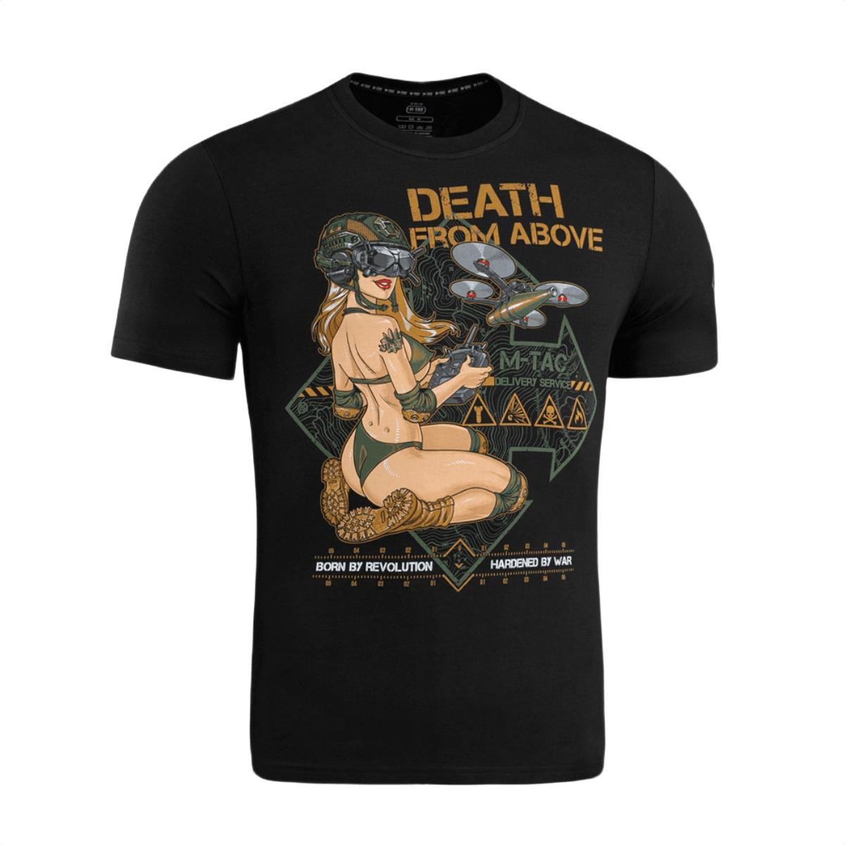 M-Tac T-Shirt Delivery Service med pin-up pige og drone-design, inspireret af amerikansk WWII-kultur, tekst 'Death from Above'.