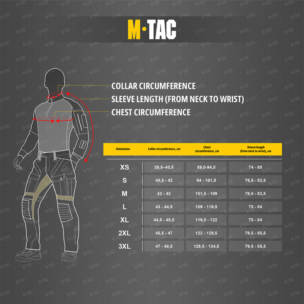 Størrelsesdiagram for M-Tac T-shirt Black Sea Expedition med krave, ærmelængde og brystmål