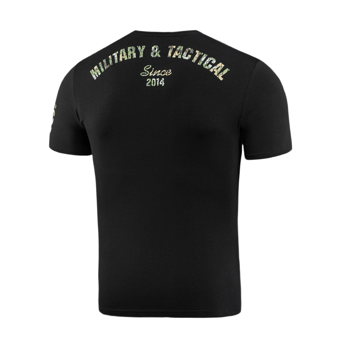 M-Tac T-Shirt Logo med militær og taktisk slogan, camouflageprint, ikonisk logo og brandhistorie siden 2014.