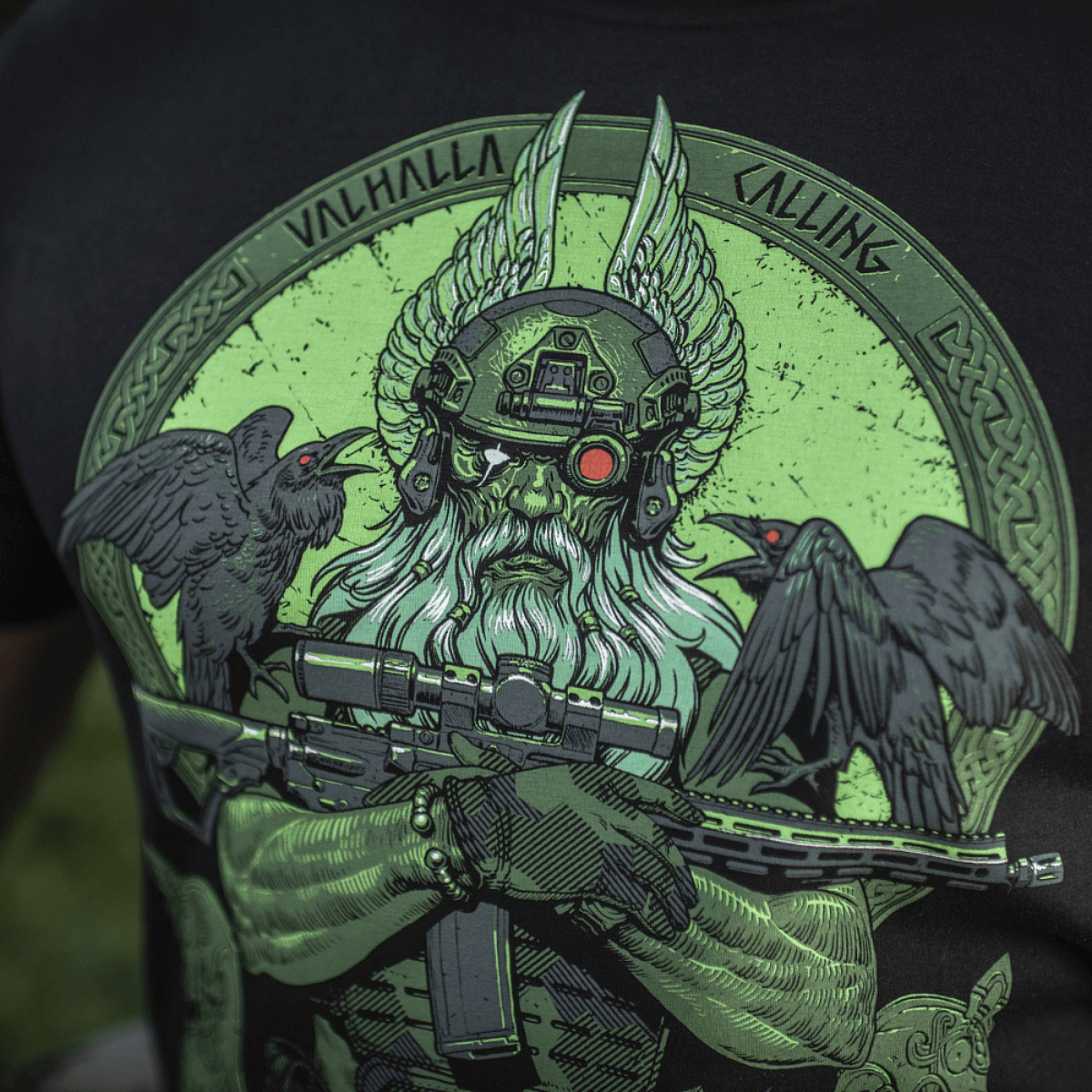M-Tac T-Shirt Night Vision featuring Odin in modern combat gear with NVG helmet, accompanied by ravens Hugin and Munin, "Valhalla Calling" text