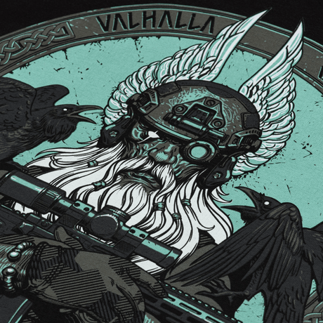 M-Tac T-Shirt Odin Mystery Long Sleeve design, featuring Odin with AR-15, modern combat gear, NVD helmet, ravens, Valhalla theme.