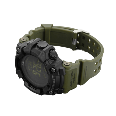 M-Tac Tactical Ur 2037, tukeva kello kompassilla ja vesitiiviydellä, sopii ulko- ja taktiseen käyttöön, sivulta nähtynä voimakkaalla muotoilulla.