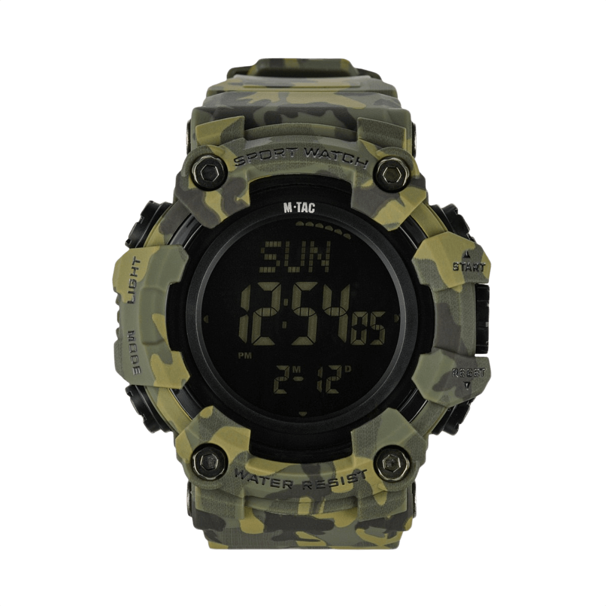 M-Tac Tactical Ur 2037 med camouflagedesign, LED-baggrundsbelysning og vandmodstand på 5ATM, ideelt til taktisk og udendørs brug.