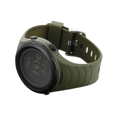 M-Tac Tactical Kello 2166 armeijanvihreänä, kompassi, LED-taustavalo, sekuntikello ja jämäkkä ABS-muovikotelo.