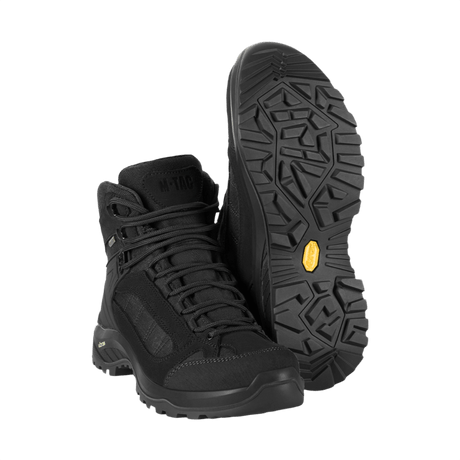 M-Tac Taktiske Demi-Season Støvler Pro Line Vibram-pohjalla, suunniteltu taktiseen käyttöön, vaellukseen ja fyysiseen aktiivisuuteen, valmistettu suede- ja Cordura-materiaaleista.