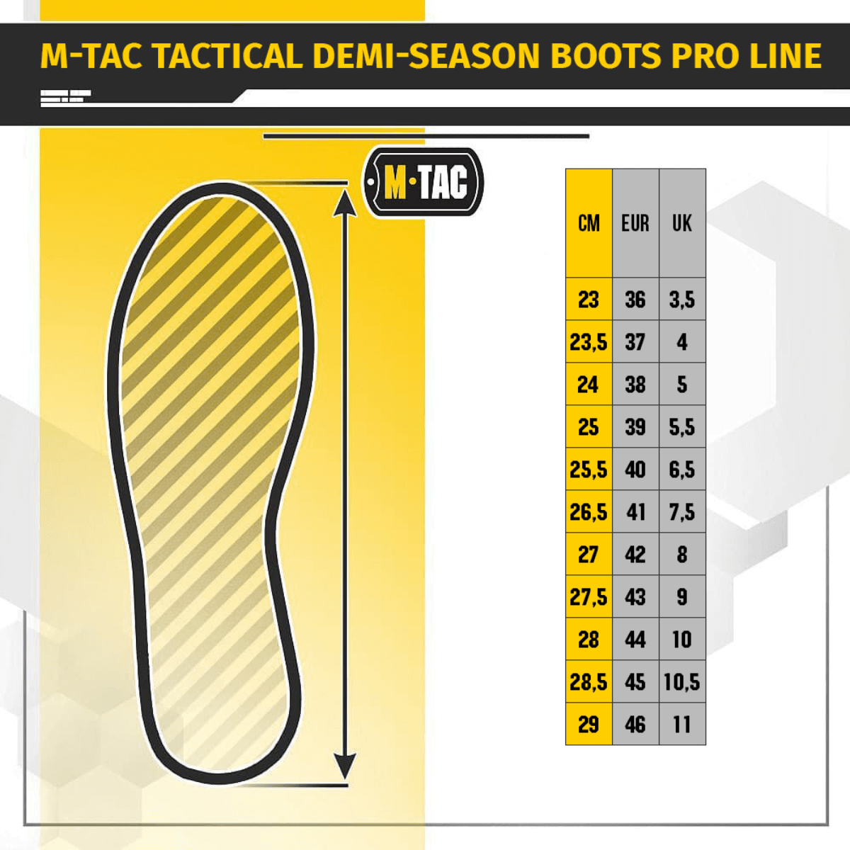 Størrelsesoversigt for M-Tac Taktiske Demi-Season Støvler Pro Line i cm, EUR og UK størrelser, med Vibram-sål illustration.