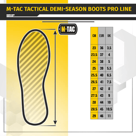 Kokotaulukko M-Tac Taktiske Demi-Season Støvler Pro Line -kengille cm, EUR ja UK-koot, Vibram-pohjan kuva.