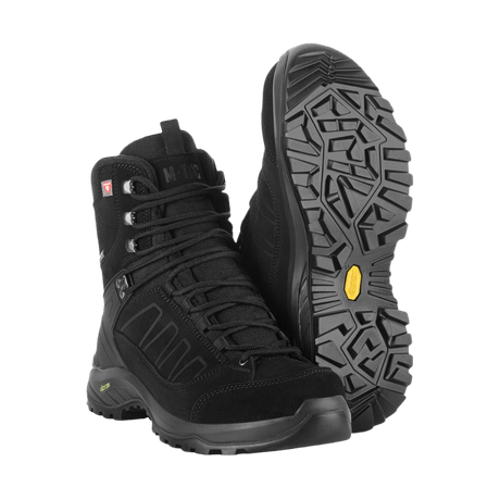 M-Tac Tactical talvikenkiä mustana, tukevat ja pitävät pohjat, Primaloft-eristys ja Vibram-pohja, sopivat vaativaan ulkokäyttöön.