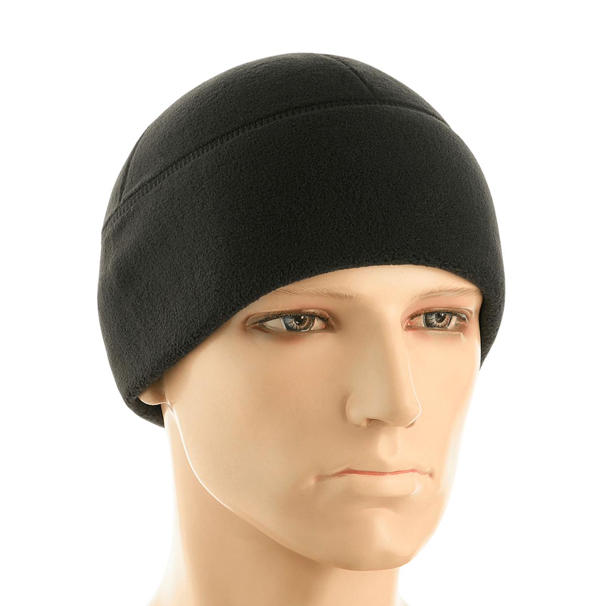 Sort M-Tac Fleece Polartec Watch Cap på mannequinhoved, ideel til kolde vejrforhold, lavet af holdbart Polartec® 200 Series fleece.