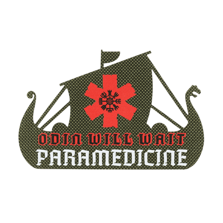M-Tac Patch Viking Evac, jossa teksti 'Odin Will Wait Paramedicine' punaisena ja valkoisena. Sisältää viikinkilaivan kuvan. Sotilaspäällekirjoitus.