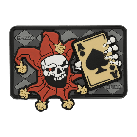 M-Tac Patch Joker Skull 3D PVC jokeri ja ässä kuoleman kortista, PVC-materiaali, Velcro-takapuoli, suunniteltu taktiseen käyttöön, 78 x 55 mm.