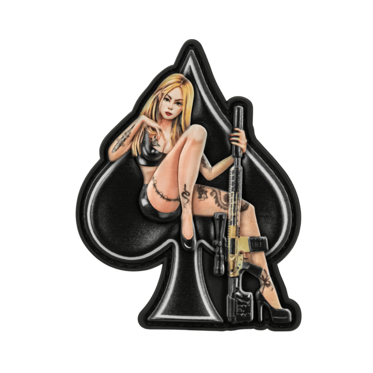 M-Tac patch Lady of Spades PVC i pin-up stil, kvinde med gevær foran et spar symbol, inspireret af Amerikansk kultur, høj kvalitets PVC.