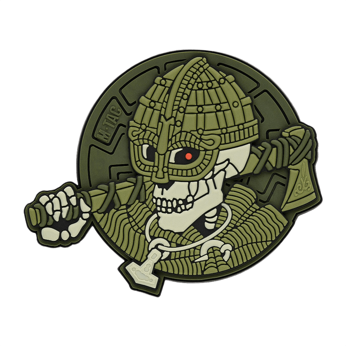 M-Tac Patch Undead Viking 3D PVC i grøn gummi med skeletkriger motiv, ideel til taktisk udstyr eller samlere, 50 mm diameter.