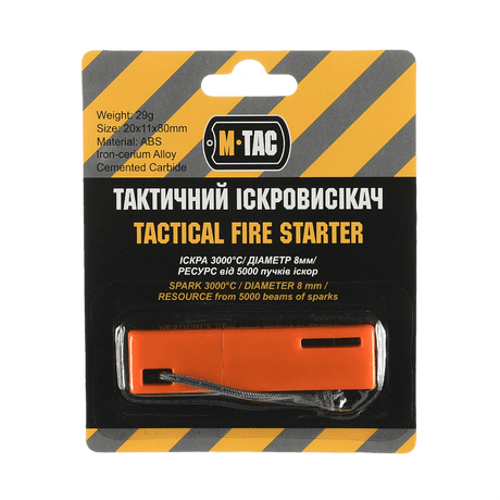 M-Tac Sytytystanko pakkauksessa, taktinen tulentekoväline retkeilyyn, valmistettu ABS:stä ja rauta-cerium-seoksesta, 8 mm terähampaat.