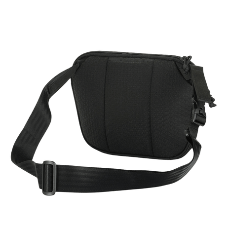 M-Tac Sphaera Hex Hardsling Bag Large Elite musta valkoisella taustalla, käytännöllinen olkalaukku säädettävällä hihnalla, sopii arkeen.