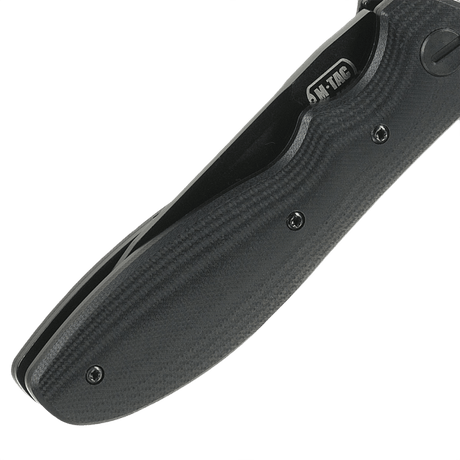 M-Tac Outdoor & Militær Type 6 G10-komposiittikahvalla, sivunäkymä, musta, kevyt muotoilu ja tukevat otteet.