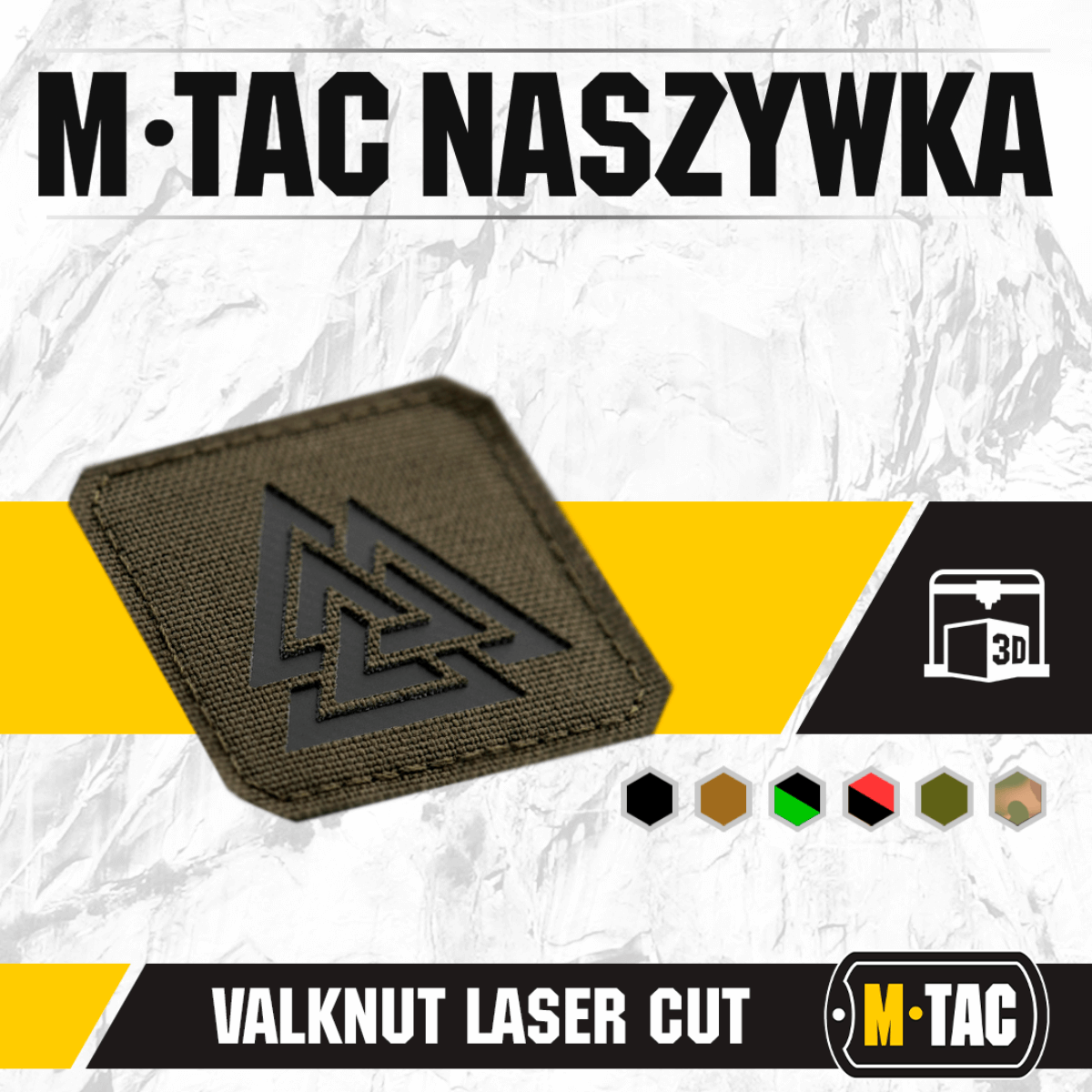 M-Tac Patch Valknut Laser Cut Odin symbol på mørk baggrund i forskellige farver.