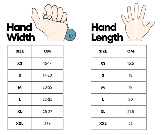 Skema med håndstørrelser viser bredde og længde i centimeter med størrelser fra XS til XXL.