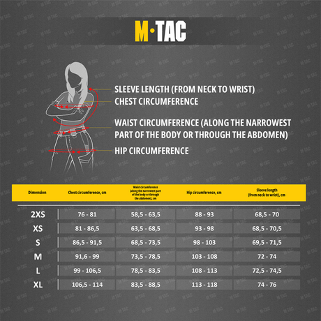 M-Tac Combat Fleece Jakke Dame – Polartec og taktisk størrelsesguide med mål for bryst, talje, hofter og ærmelængde i cm