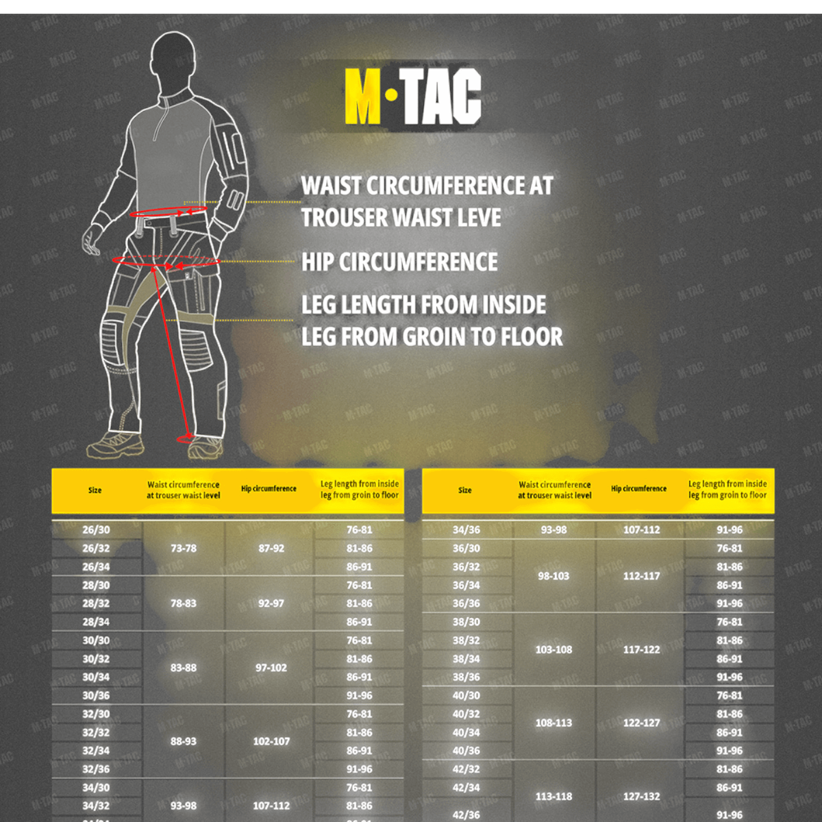 Størrelsesguide for M-Tac Bukser Army NYCO Extreme med talje- og hofteomkreds, benlængde målt som diagram.