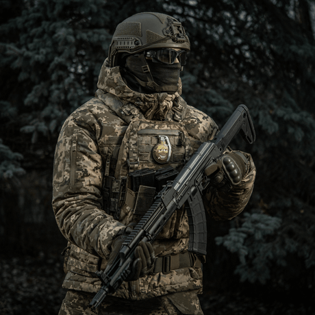 Sotilas maastotakissa, M-Tac Patch M67 Kranaatti 3D PVC liivissä sotilasoperaation aikana metsässä.