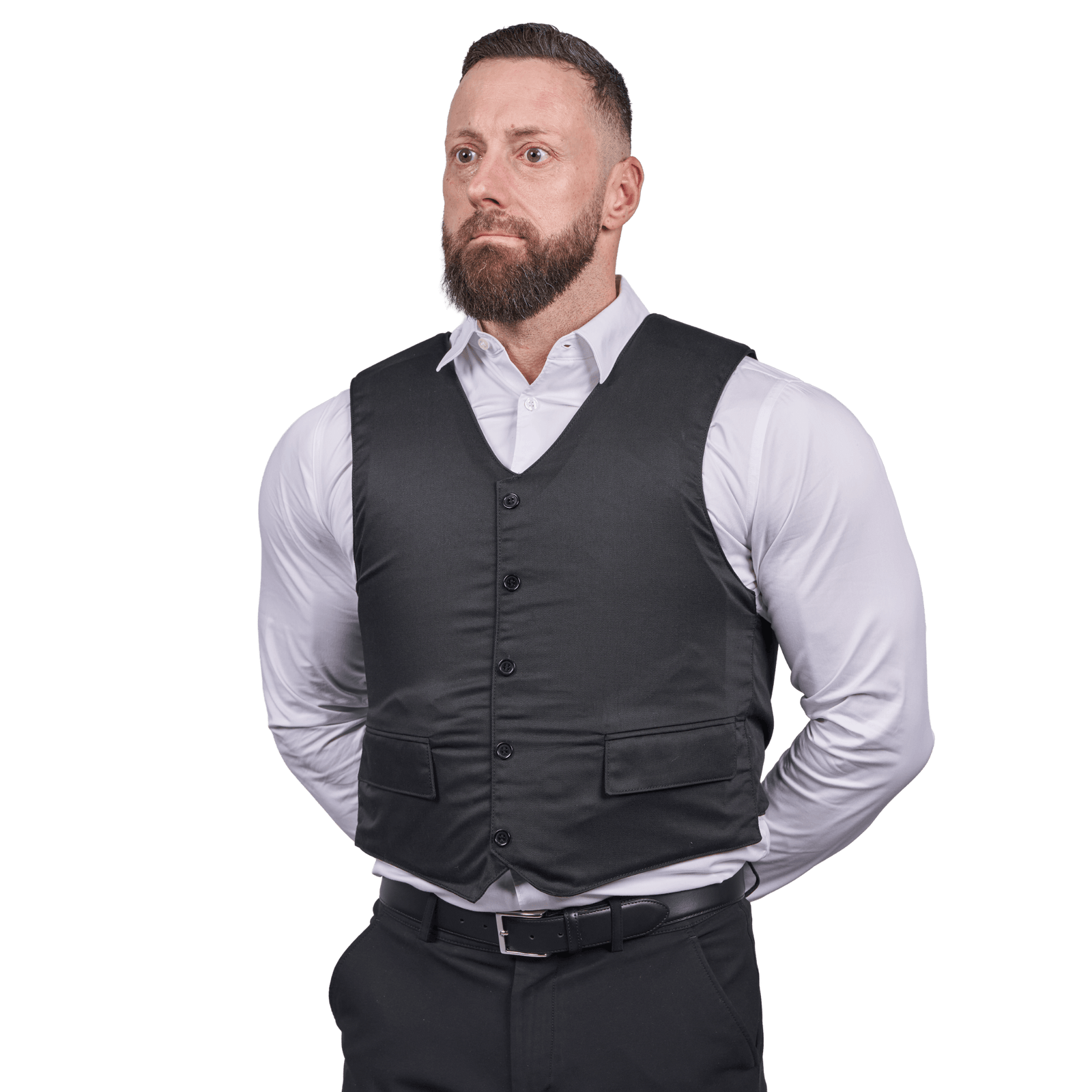 EA VIP Skud & Stiksikker Vest i sort med NIJ LEVEL IIIA certificering, skjult beskyttelsesvest, galleri position 1 set forfra på model.