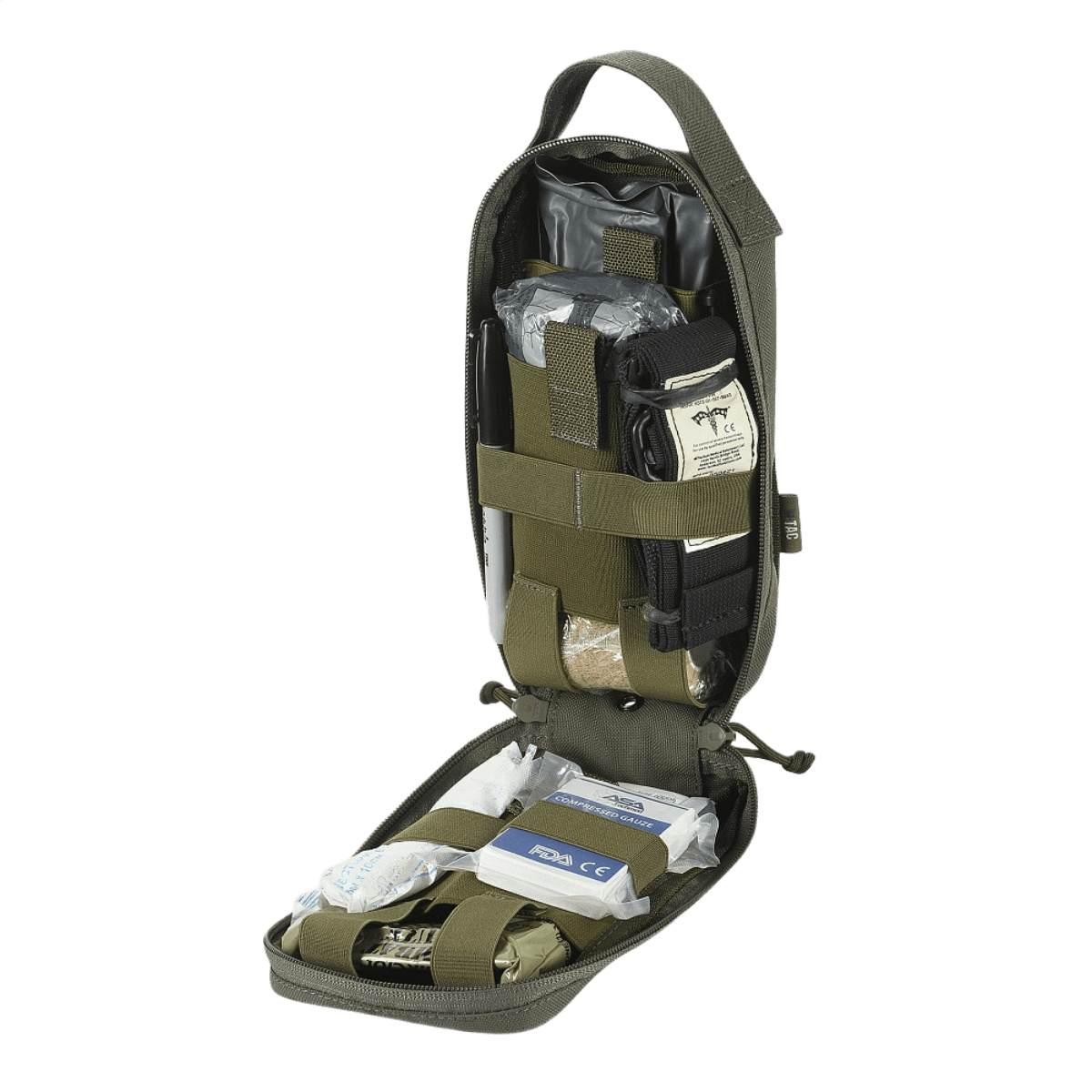 M-Tac Medical Pouch Rip Off, åbnet medicinsk taske med førstehjælpskit, monteret på MOLLE Velcro-paneler, klar til hurtig adgang.