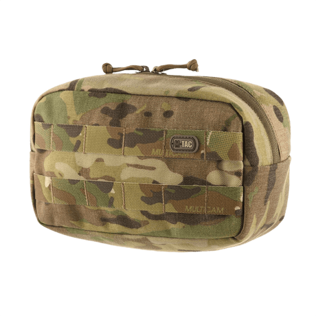 M-Tac Horisontal Utility Taske i camouflage farver til MOLLE system, ideel til friluftsliv og opbevaring af småting eller medicinsk udstyr.
