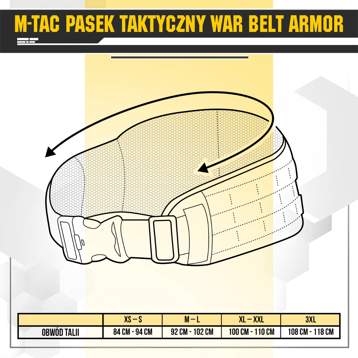 Diagram af M-Tac War Belt ARMOR med størrelsesguide og MOLLE-webbing.