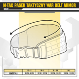 M-Tac War Belt ARMOR diagram med størrelsesguide og MOLLE-webbing, fremstillet af slidstærkt Cordura 500D
