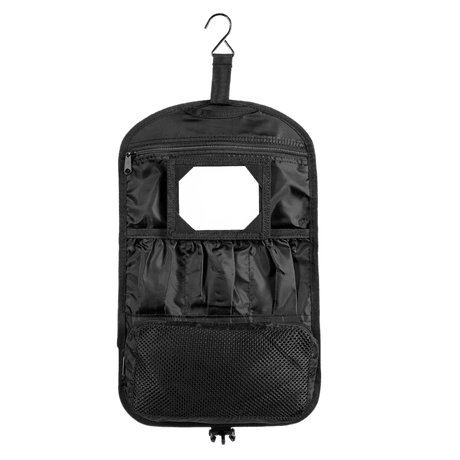 M-Tac Toilettaske i sort, åben position med flere rum til opbevaring af personlig hygiejne og småting, ideel til rejser og daglig brug.