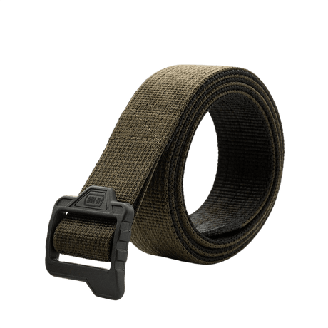 M-Tac Double Duty Taktisk Bælte i vendbart design, viser coyote side med spænde, ideel til taktiske opgaver for professionelle og entusiaster.