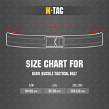 Størrelsesguide for M-Tac Berg Buckle Taktisk Bælte med målinger tilgængelige for S/M, L/XL, 2XL/3XL.