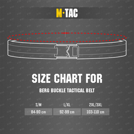 Størrelsesguide for M-Tac Berg Buckle Taktisk Bælte med målinger tilgængelige for S/M, L/XL, 2XL/3XL.