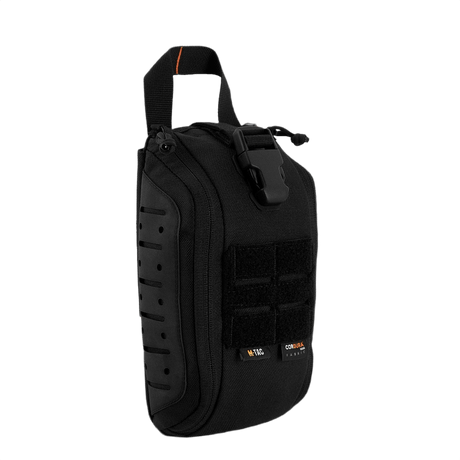 M-Tac Medical Pouch Elite Rip Off i sort, taktisk førstehjælpstaske, der kan åbnes hurtigt for nem adgang i nødsituationer.