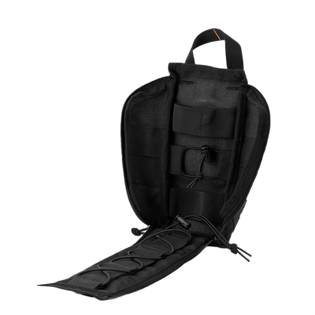 M-Tac Medical Pouch Elite Rip Off, taktisk førstehjælpstaske åbnet for nem adgang til indholdet, designet til hurtige nødsituationer