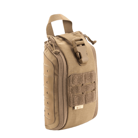M-Tac Medical Pouch Elite Rip Off taktisk førstehjælpstaske i sandfarve med hurtig adgang og elastiske stropper til organisering.