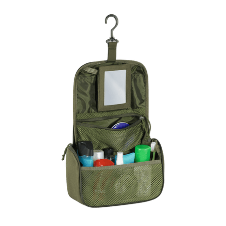 M-Tac Toilettaske i vandafvisende 600D polyester, åben med tandbørster og cremer synlige, praktisk til rejsebrug. Dimensioner: 24 x 15 x 8,5 cm.