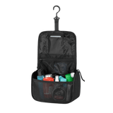 M-Tac Toilettaske i sort 600D polyester med PVC-belægning, åben og fyldt med toiletartikler, ideel til rejser og er vandafvisende.