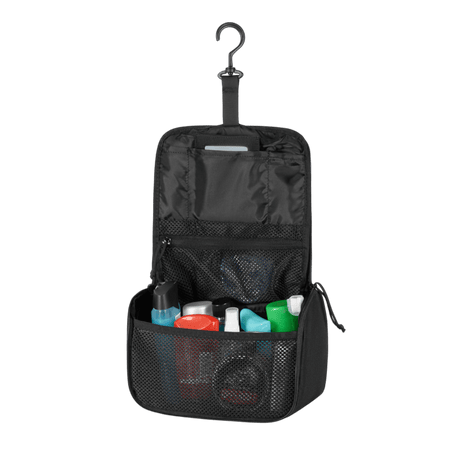 M-Tac Toilettaske i sort 600D polyester med PVC-belægning, åben og fyldt med toiletartikler, ideel til rejser og er vandafvisende.