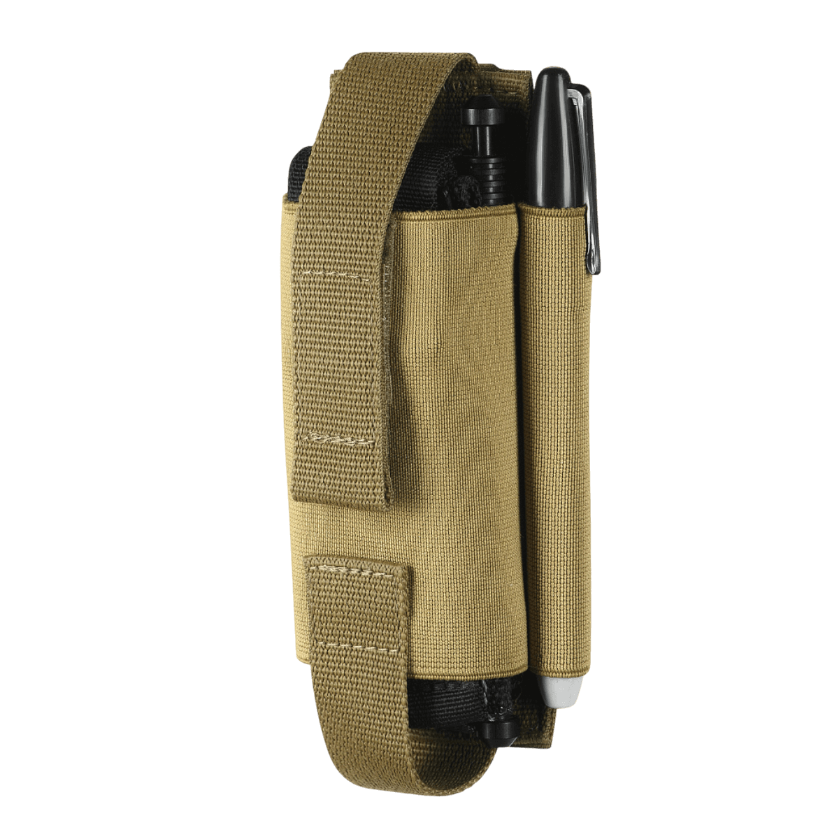 M-Tac Elastisk Tourniquet Pouch Molle Gen.III i beige Cordura, med elastik og rum til markeringspen, set fra siden.