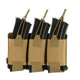 M‑Tac Elastisk Triple Magazine Pouch Elite i beige, holder tre magasiner, designet til sikker opbevaring og hurtig adgang i felten.
