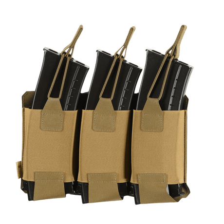 M‑Tac Elastisk Triple Magazine Pouch Elite i beige, holder tre magasiner, designet til sikker opbevaring og hurtig adgang i felten.