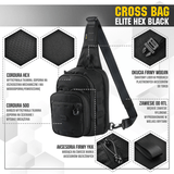 M-Tac Cross Bag Elite Hex i sort, Cordura 500 materiale, perfekt til daglig brug og taktisk udstyr, med MIL-SPEC fittings og YKK lynlåse.